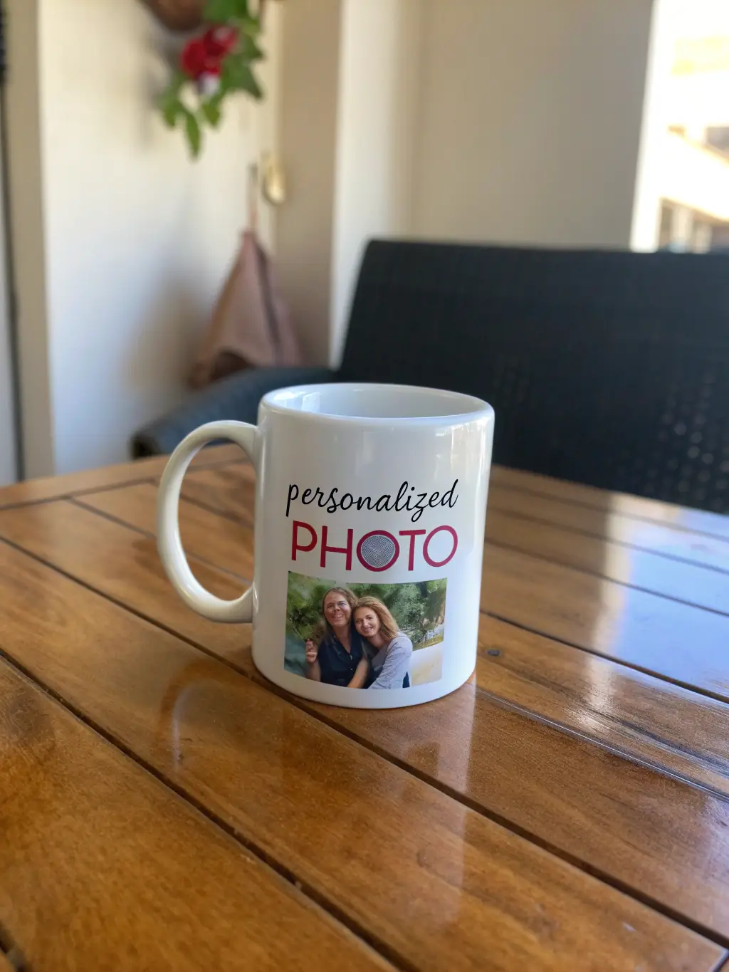 Close-up shot of a personalized mug with a custom photo and text, showcasing the high-quality printing and vibrant colors available for custom keepsakes at Keepsake Corner.