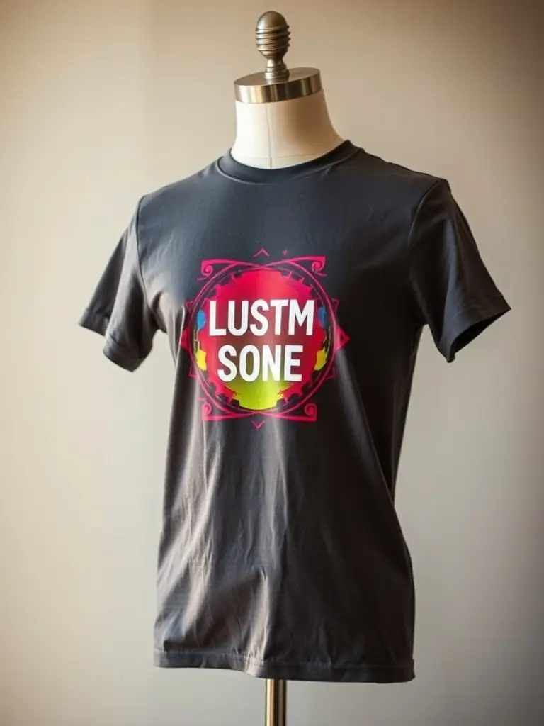 Image of a custom-printed t-shirt with a vibrant, full-color design. The t-shirt showcases the ability to print detailed graphics and logos on apparel at Keepsake Corner.