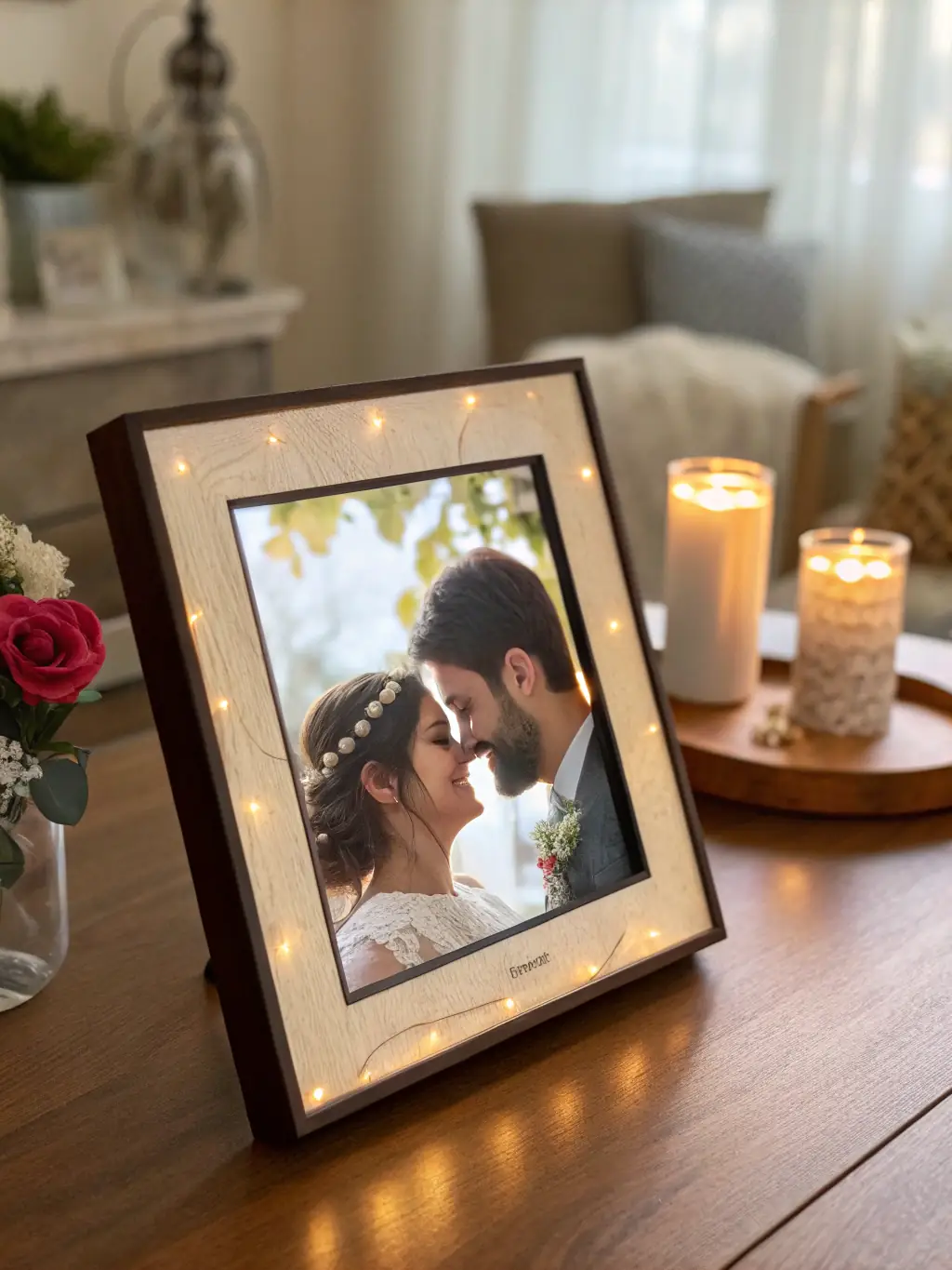 A personalized photo frame with a family picture, showcasing the option to add custom text and embellishments. The frame is elegantly displayed on a mantelpiece.